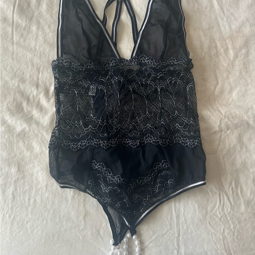 Escante Collection Black Lace Bodysuit with Pearl Accents